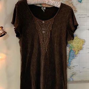 Boho brown top with lace and beaded detailing